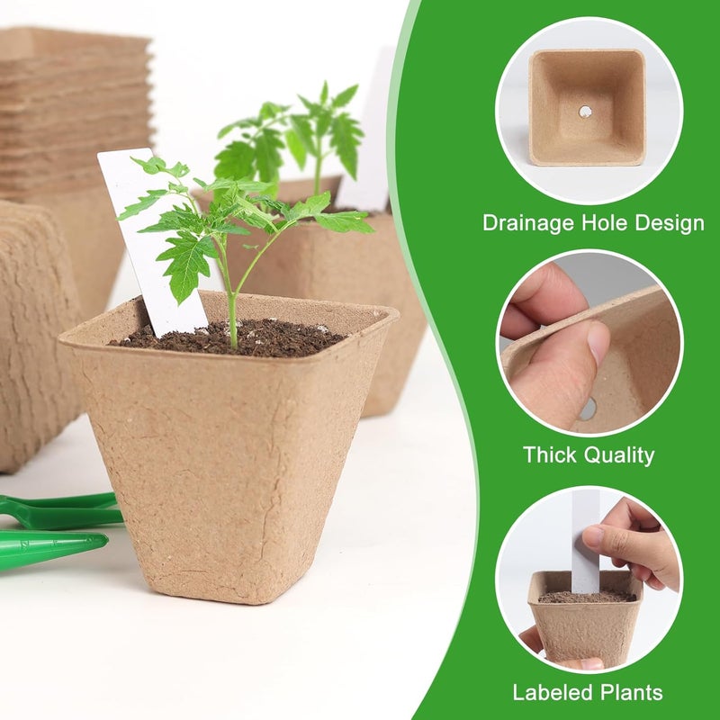 KOAMLY Square Peat Nursery Pots 150 Pcs 3in Biodegradable and Label, Used for Outdoor Gardens in Plant Nurseries - Image 3